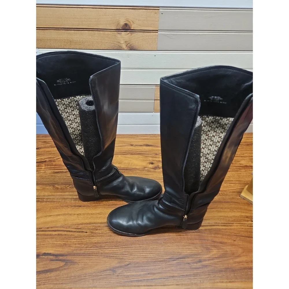 Tory Burch High Heel Tall Knee Riding Boots Black Leather Gold Hardware Size 10M